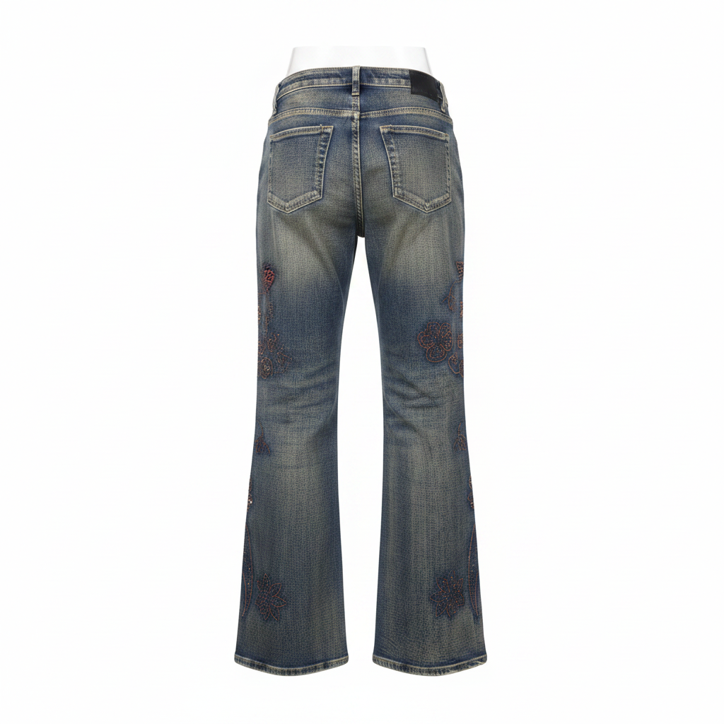 Blue Rhinestone Floral Flare-Leg Denim Jeans - Ghost Mannequin Back