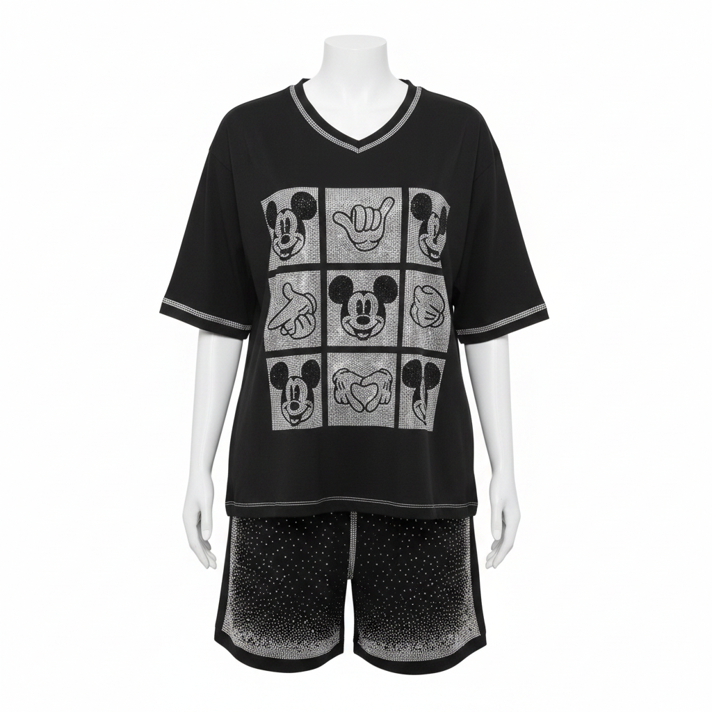 Black Cartoon Rhinestone Graphic Top & Shorts Set - Ghost Mannequin Front View