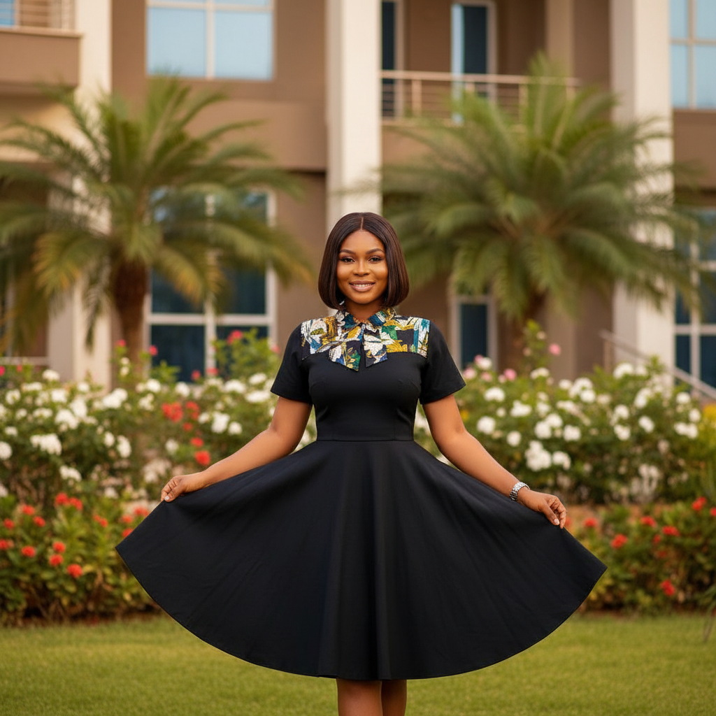 Nigerian female model wearing Women's Black Fit-and-Flare Mini Dress with Tropical Floral Yoke