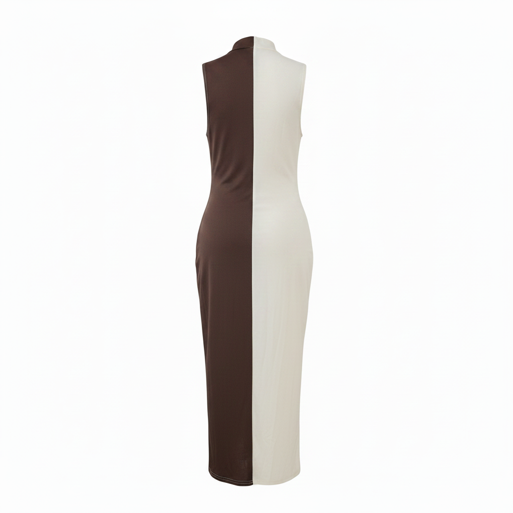 Ghost mannequin back view - brown white colour block sleeveless dress
