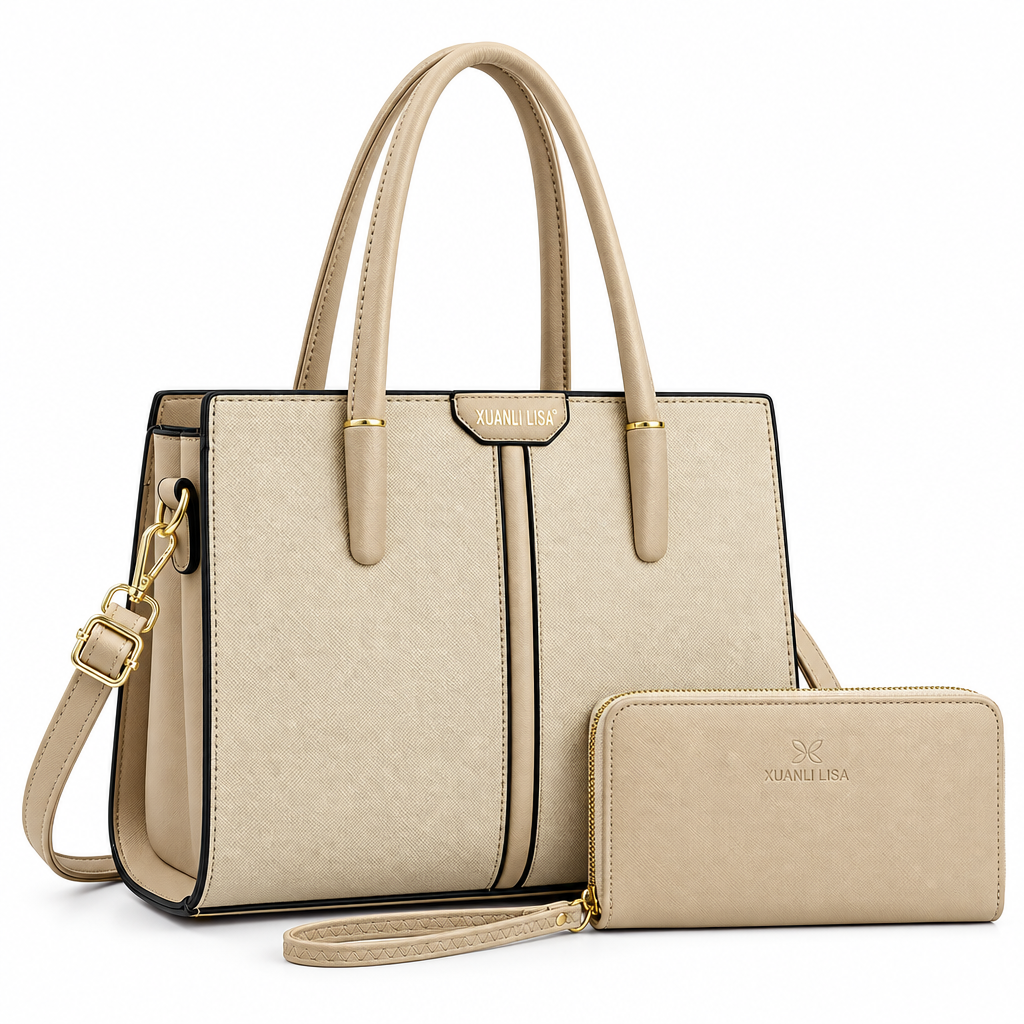 Light khaki-beige textured tote with matching zip wristlet on white background