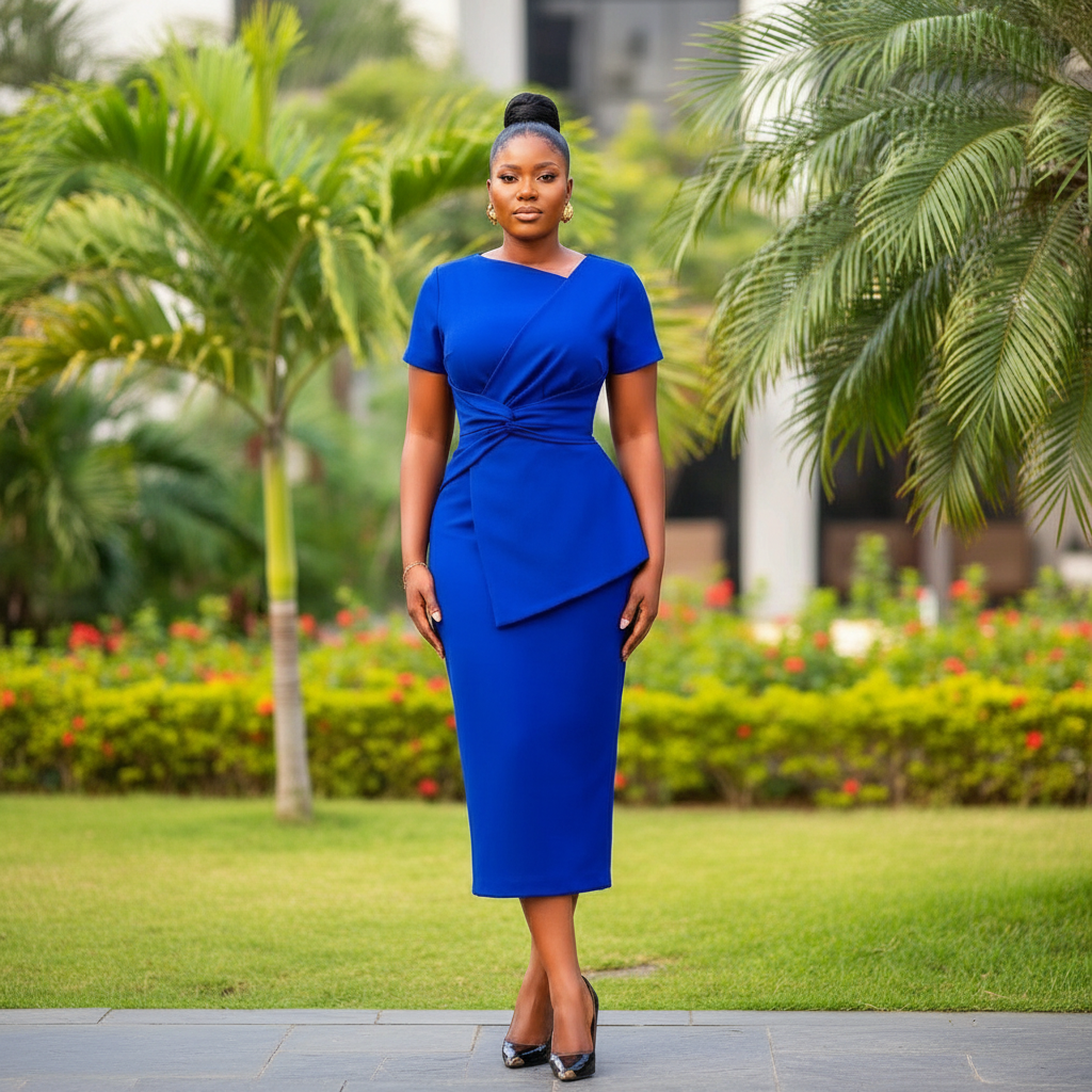 Women's Royal Blue Asymmetric Knot-Waist Bodycon Midi Dress – Nigerian Female Model Shot