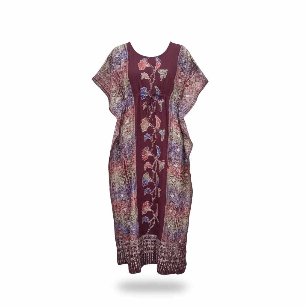 Women's maroon floral print bubu dress ghost mannequin front view