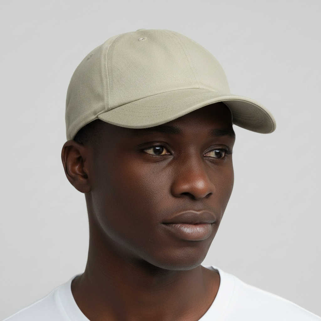 Nigerian male model wearing plain solid light khaki beige baseball cap