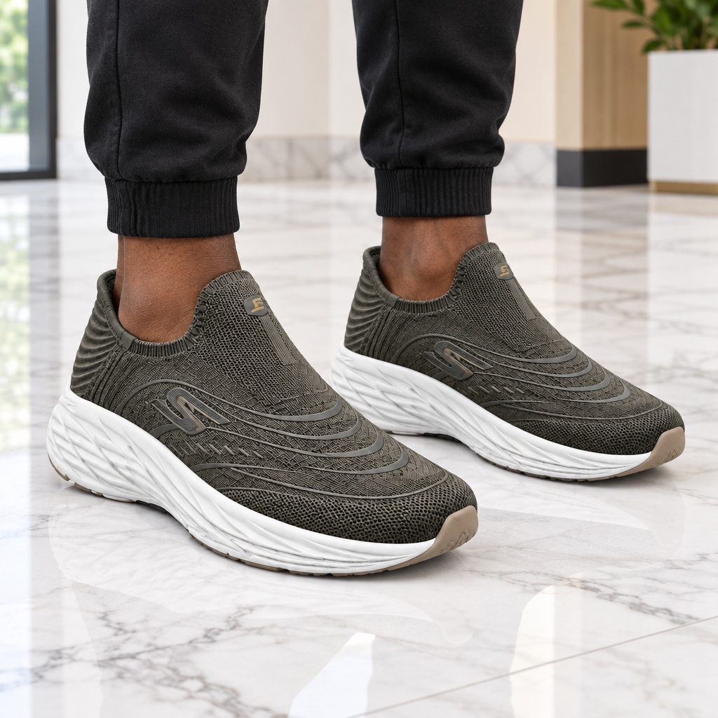 Man wearing olive knit slip-on walking sneakers