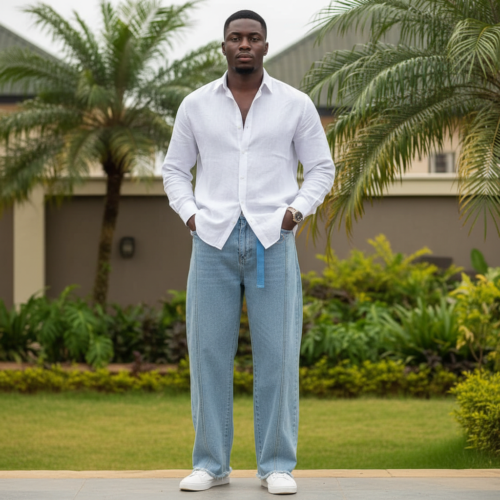Nigerian male model wearing light blue wide-leg denim jeans