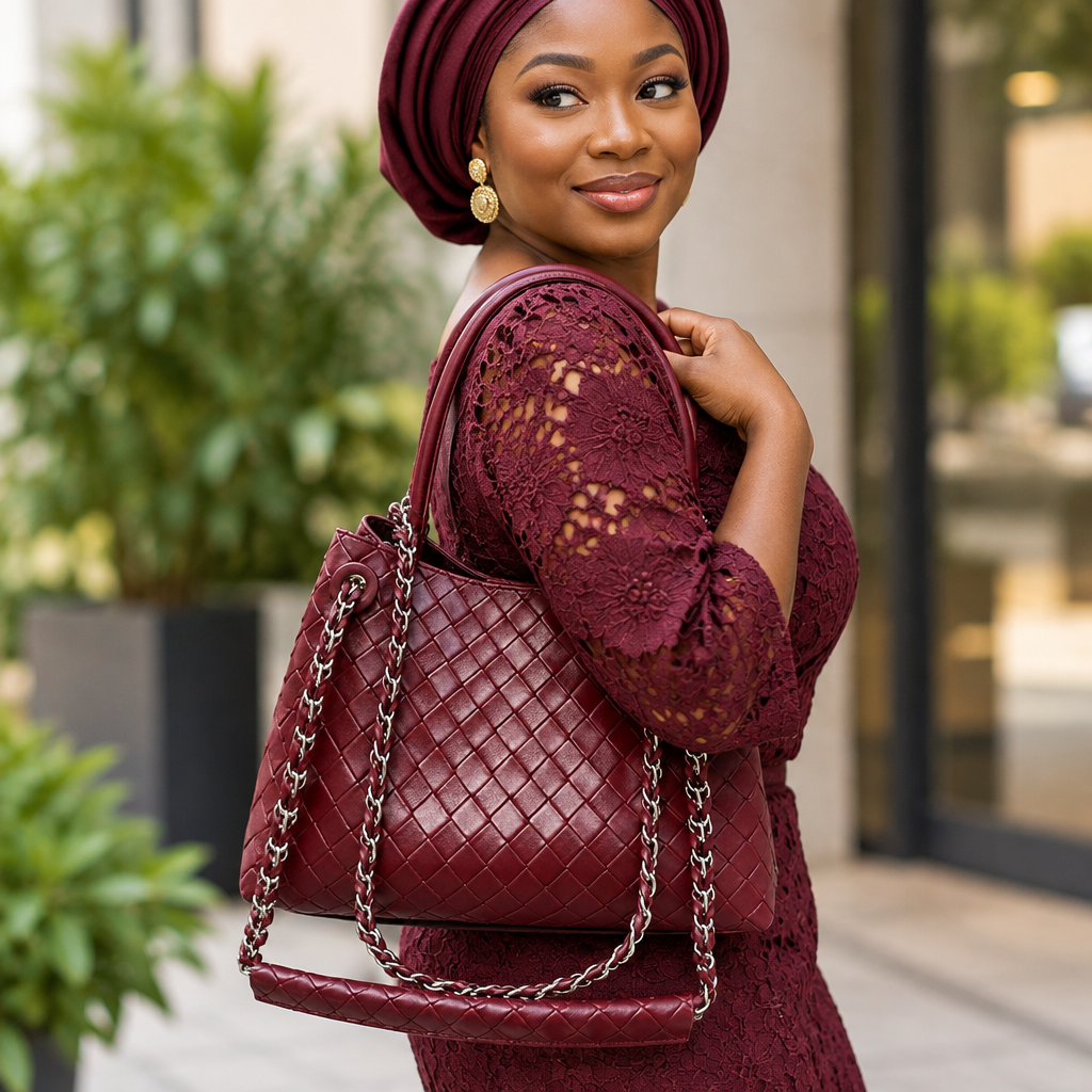 Nigerian woman carrying burgundy woven-effect handbag