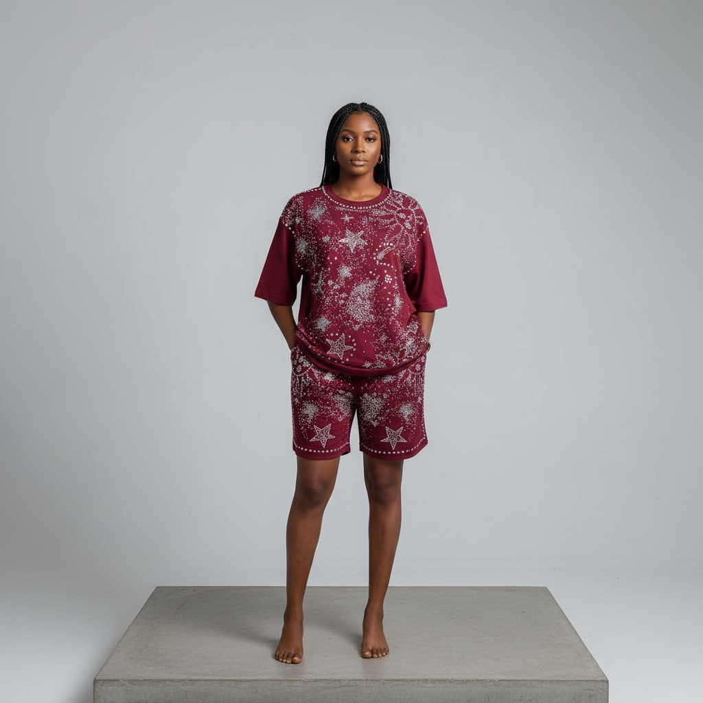 Burgundy Star Rhinestone Top & Shorts Set - Model Front View