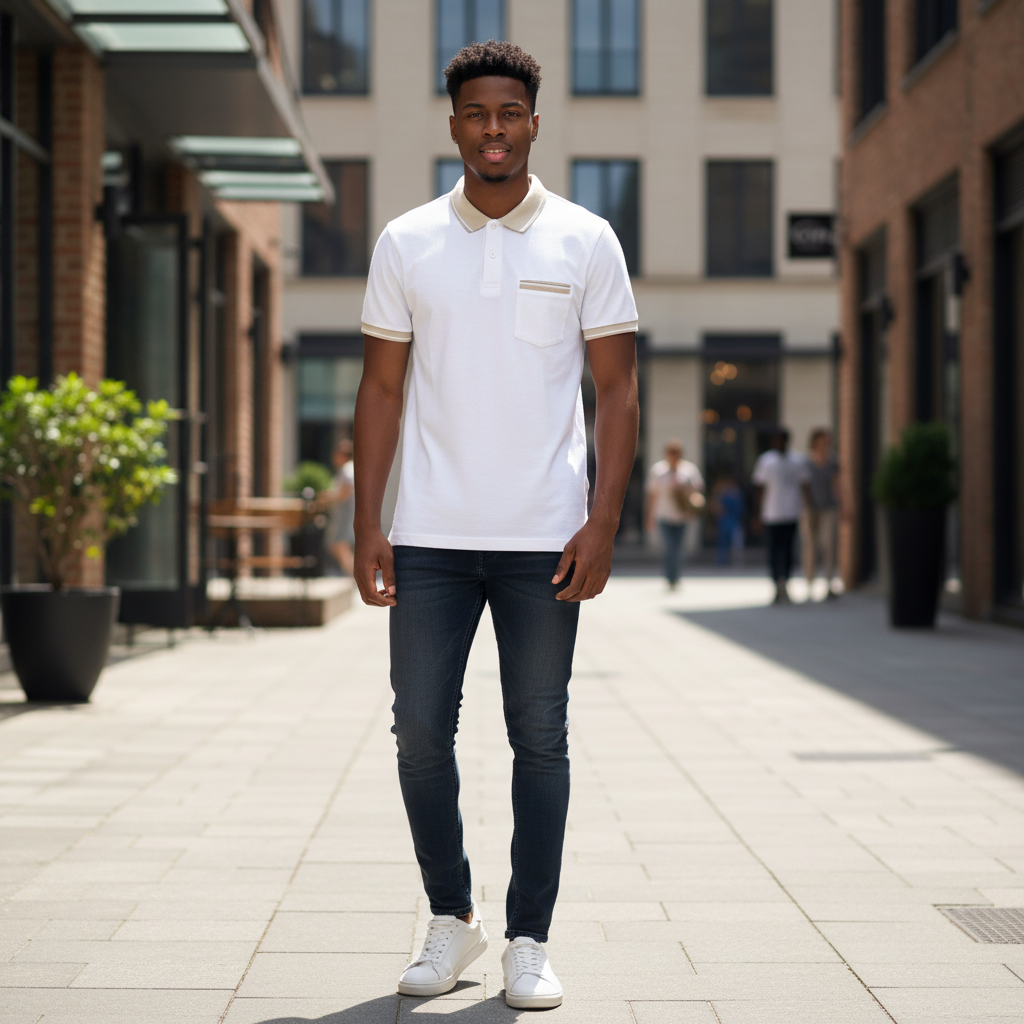 Young Nigerian male model wearing a white polo shirt with beige tipped collar and cuffs