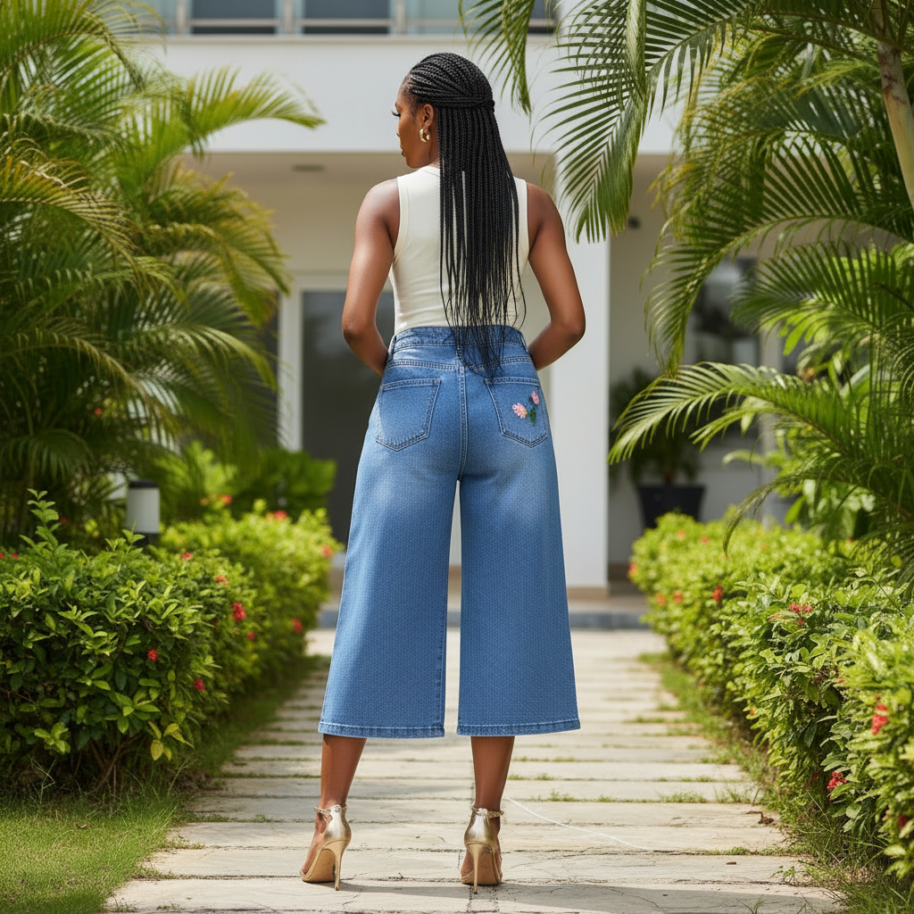 Floral Embroidered Wide-Leg Denim - Back Model View