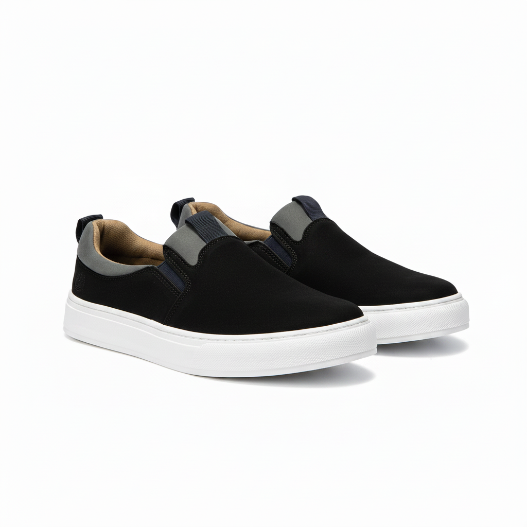 Men's black nubuck leather slip-on sneakers with white sole – pair shot