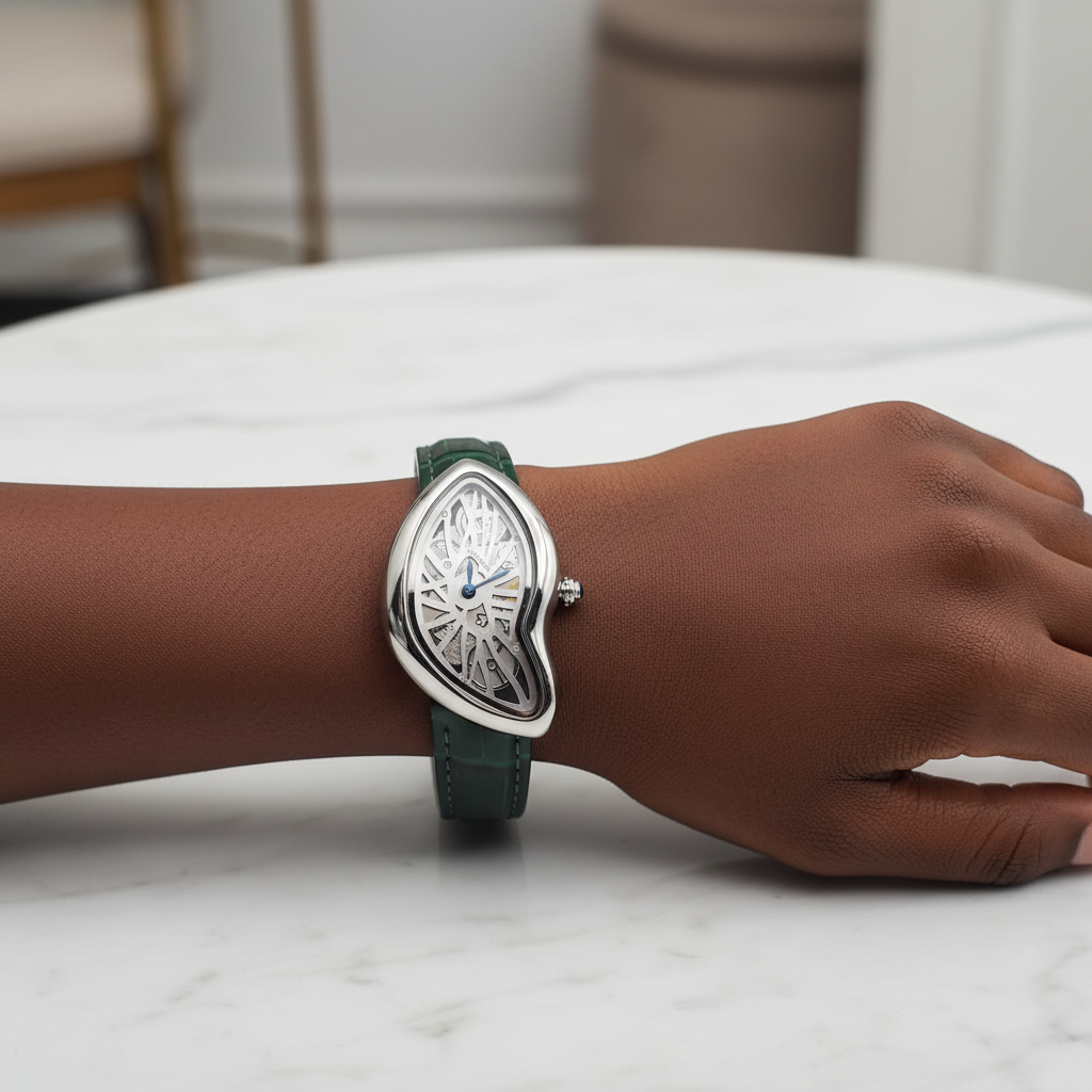 Black Nigerian woman wrist shot wearing asymmetric silver skeleton dial watch with green strap