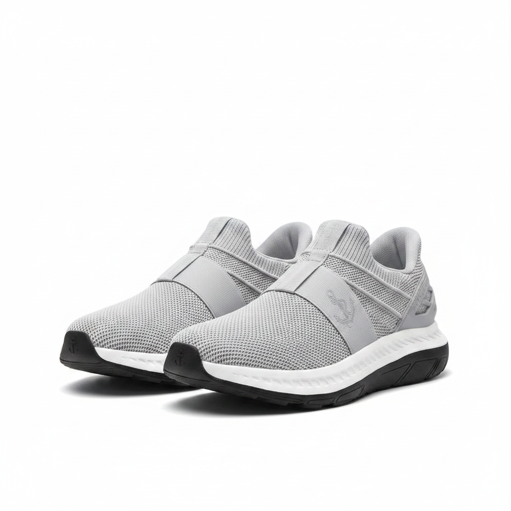 Men's light grey knit mesh laceless slip-on running sneakers pair product shot