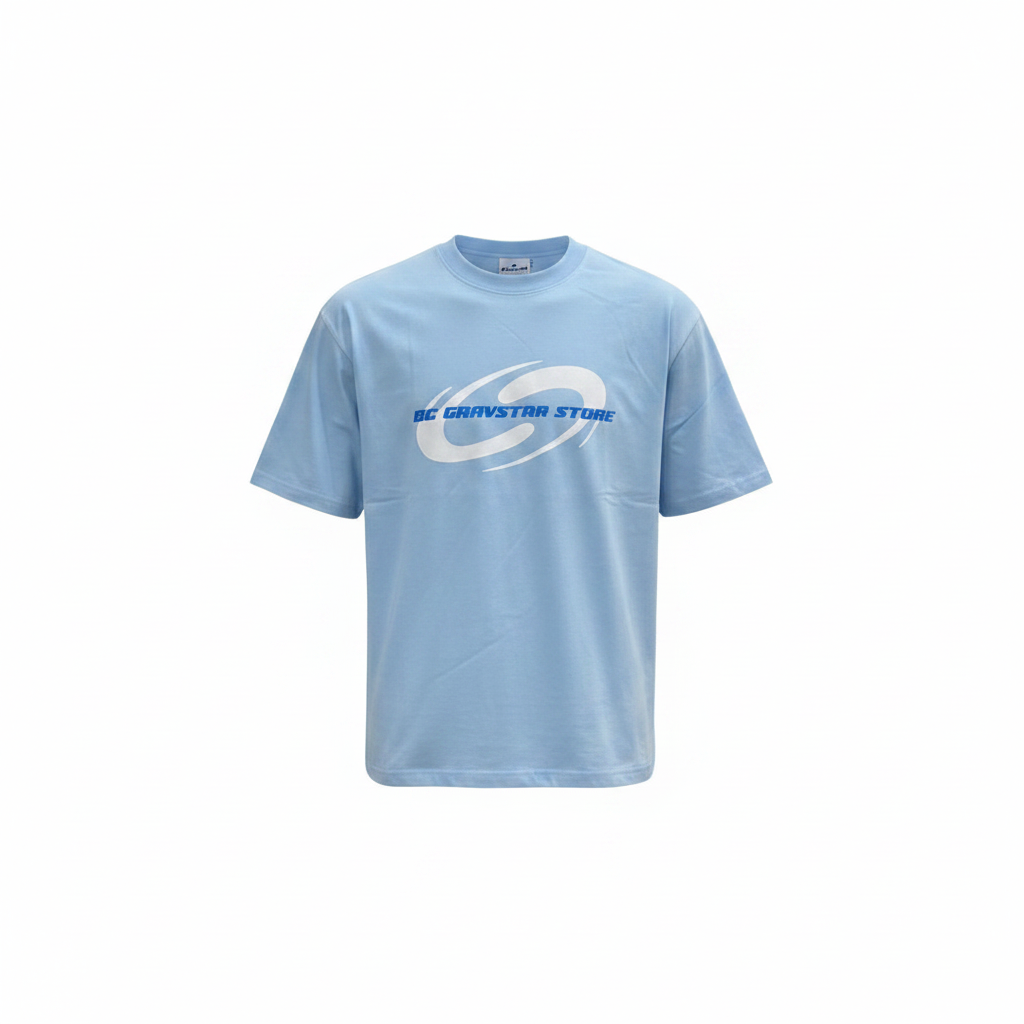 Unisex sky blue orbit swirl graphic tee – ghost mannequin front view