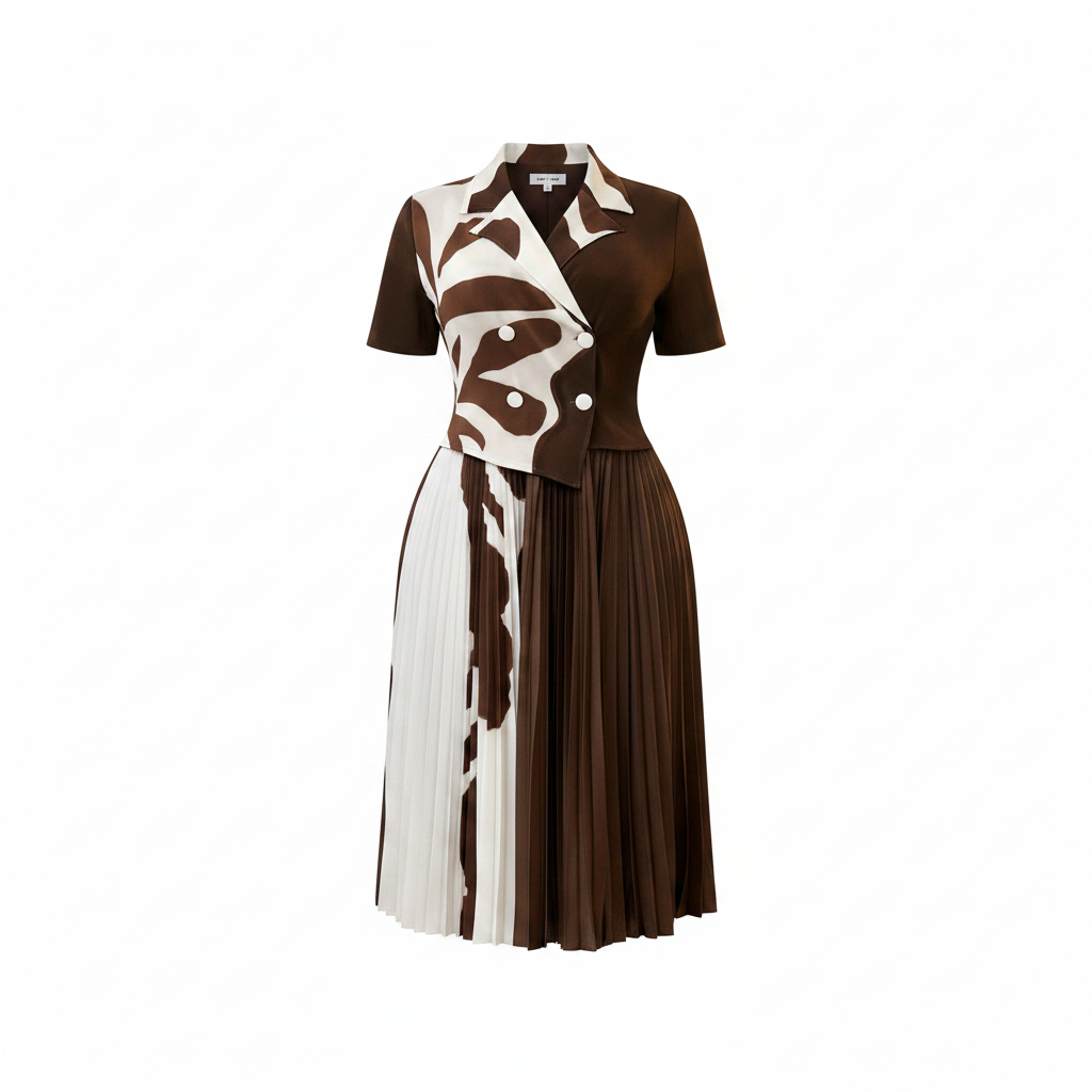 Women's Dark Espresso Brown Abstract Print Pleated Midi Dress — ghost mannequin front view