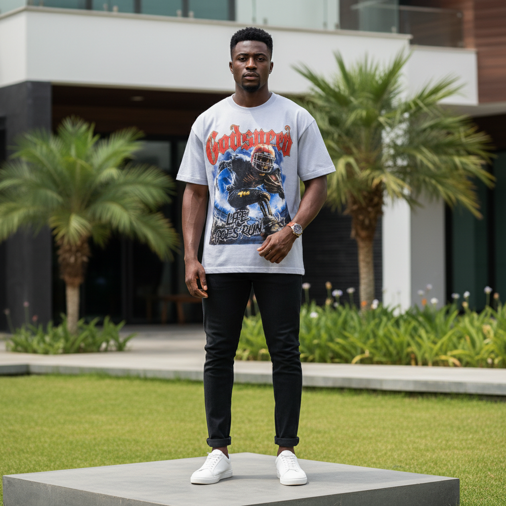 Nigerian male model wearing men's light grey vintage sports graphic short-sleeve tee full body streetwear editorial shot
