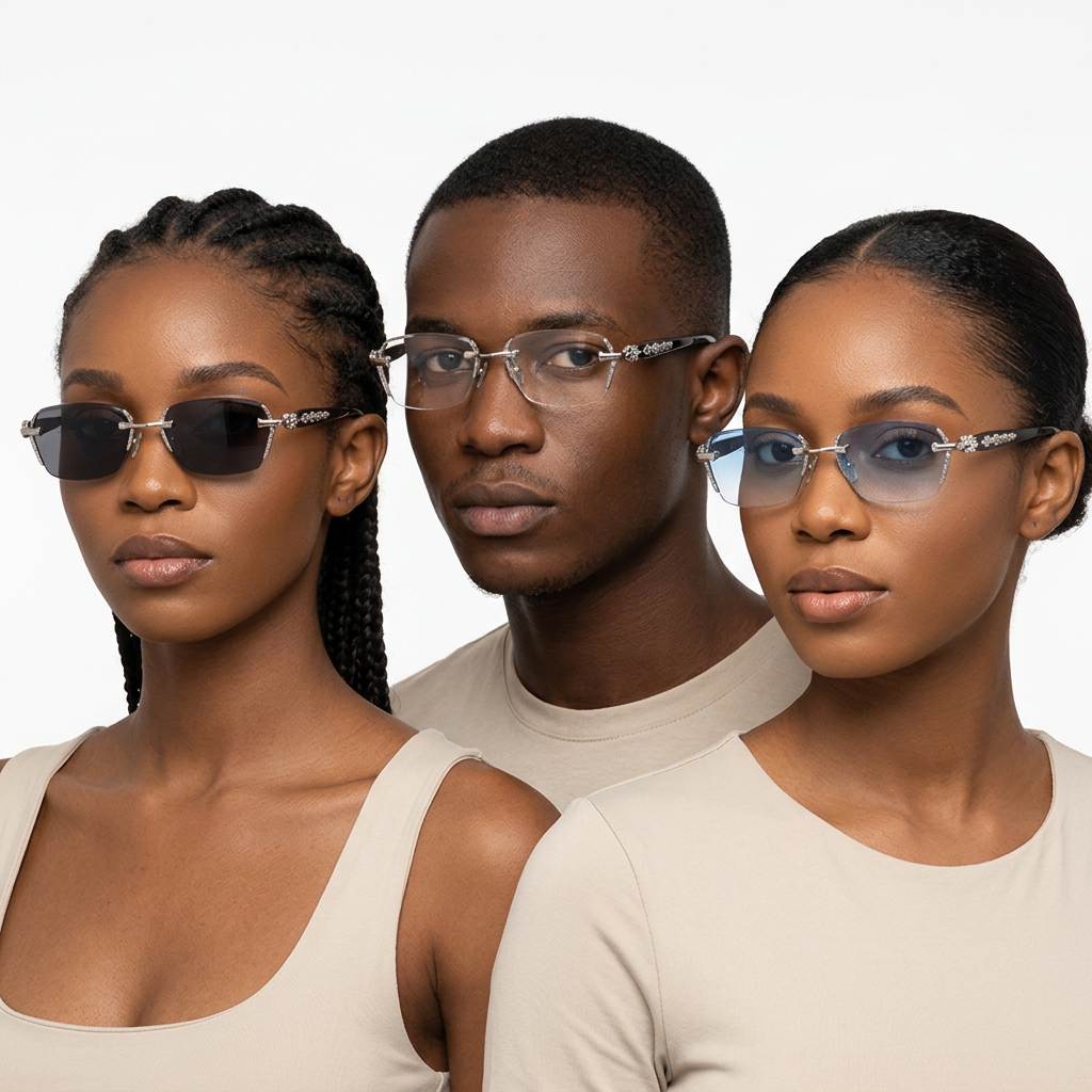 Three Black adult models wearing dark, clear and blue-gradient rimless rectangular glasses