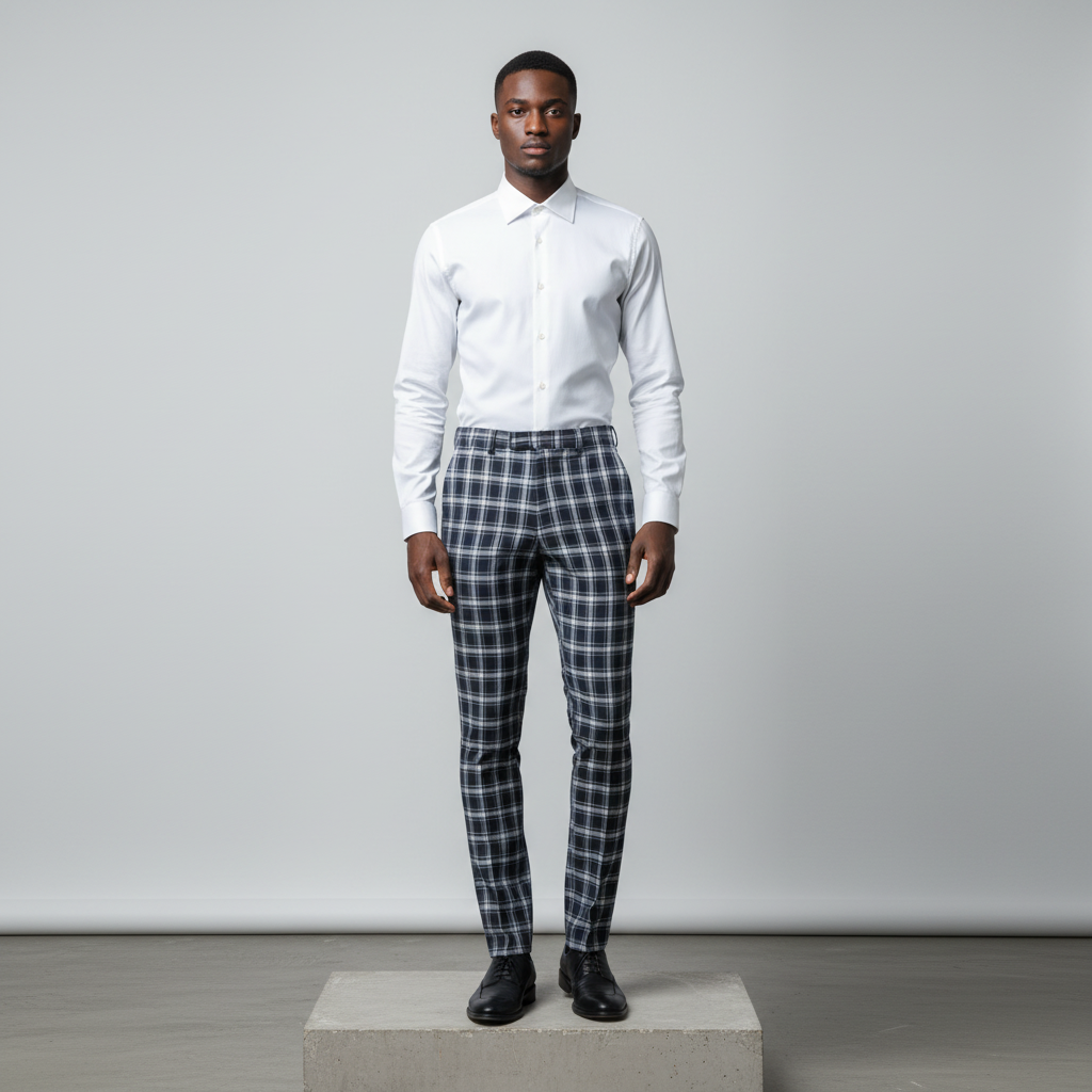 Navy White Plaid Trousers – Front Model