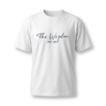 White crew-neck T-shirt with dark script chest graphic on ghost mannequin