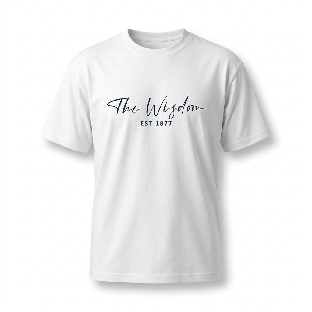 White crew-neck T-shirt with dark script chest graphic on ghost mannequin