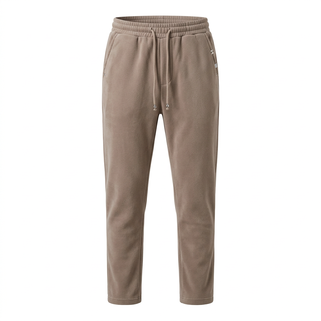 Taupe elastic-waist drawstring trousers, front view on white