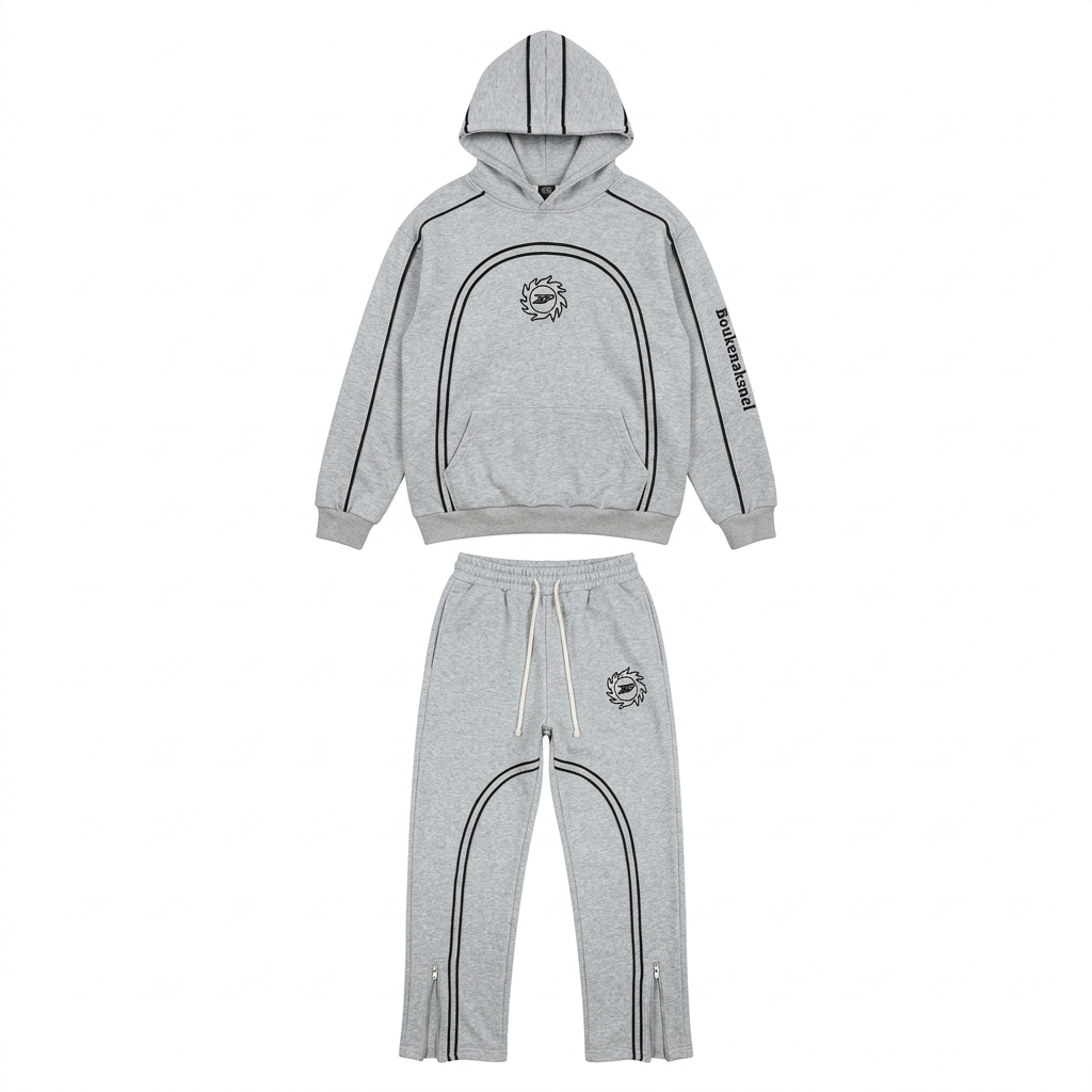 Light-grey curved-piping hoodie and jogger set on an invisible mannequin
