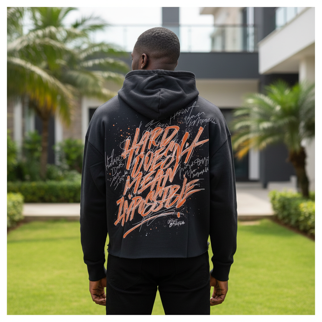 Hard Doesn't Mean Impossible hoodie back view on Nigerian male model