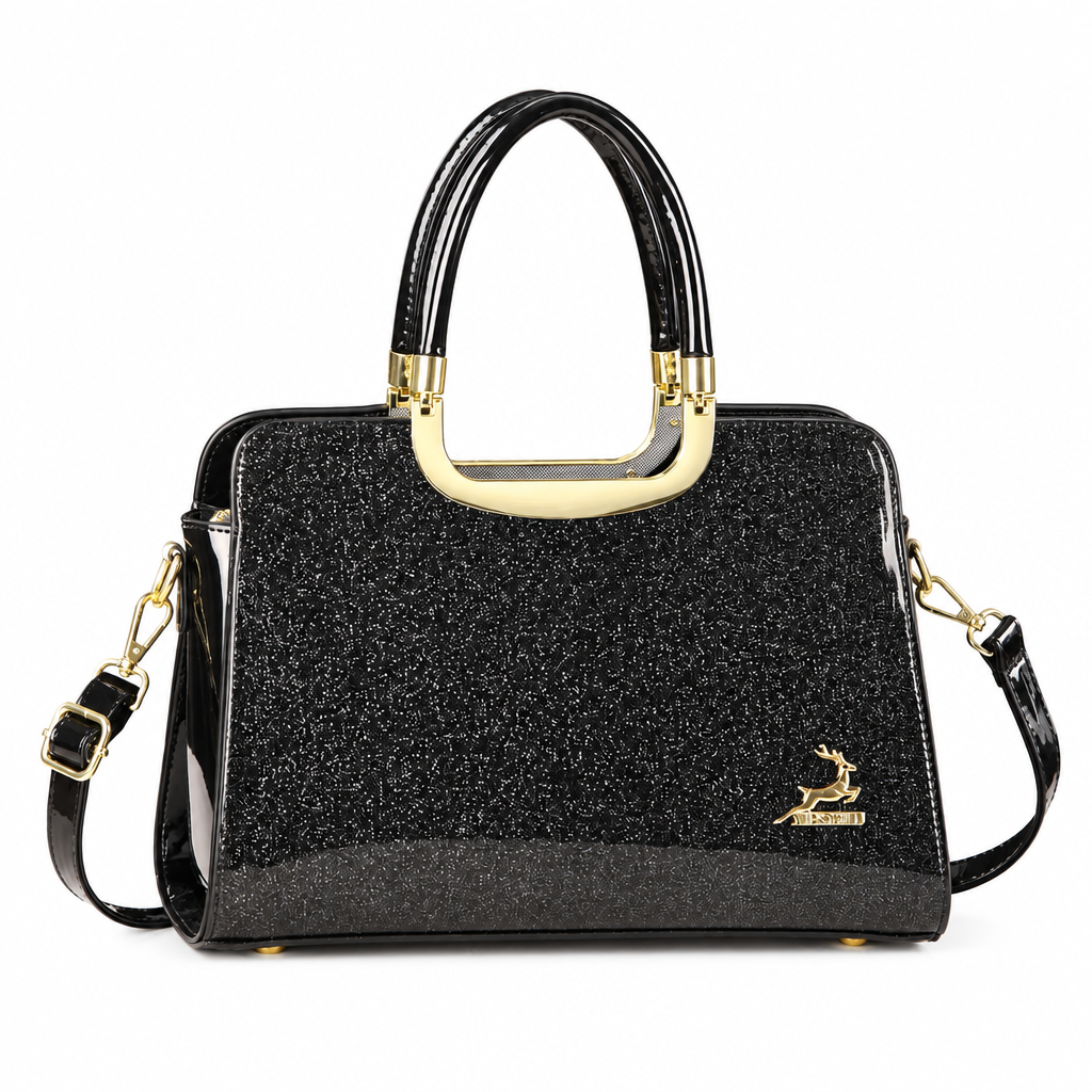 Structured black shimmer handbag with glossy handles and gold-tone accents on white