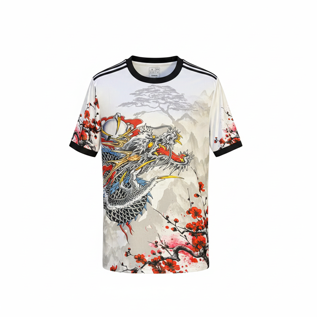 Men's white dragon and sakura ink wash all-over print football jersey ghost mannequin front view
