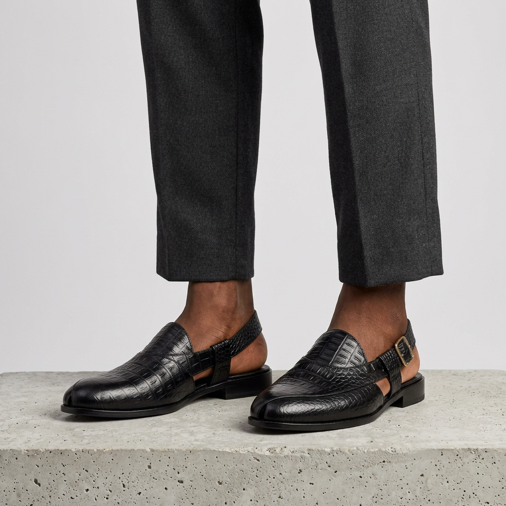 Men's black slingback sandals with croc texture worn with relaxed-fit trousers
