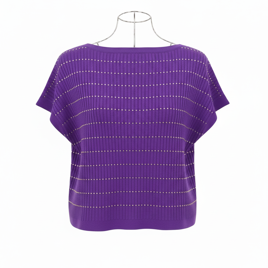 Ghost mannequin back view of purple rhinestone ribbed cap sleeve top