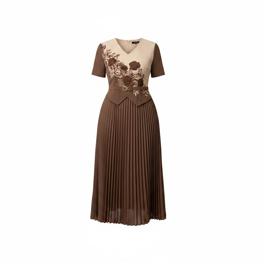 Chocolate brown and cream pleated midi gown with floral appliqué bodice, ghost mannequin view