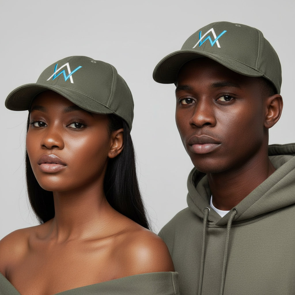 Nigerian Gen Z male and female models wearing olive green geometric logo baseball cap