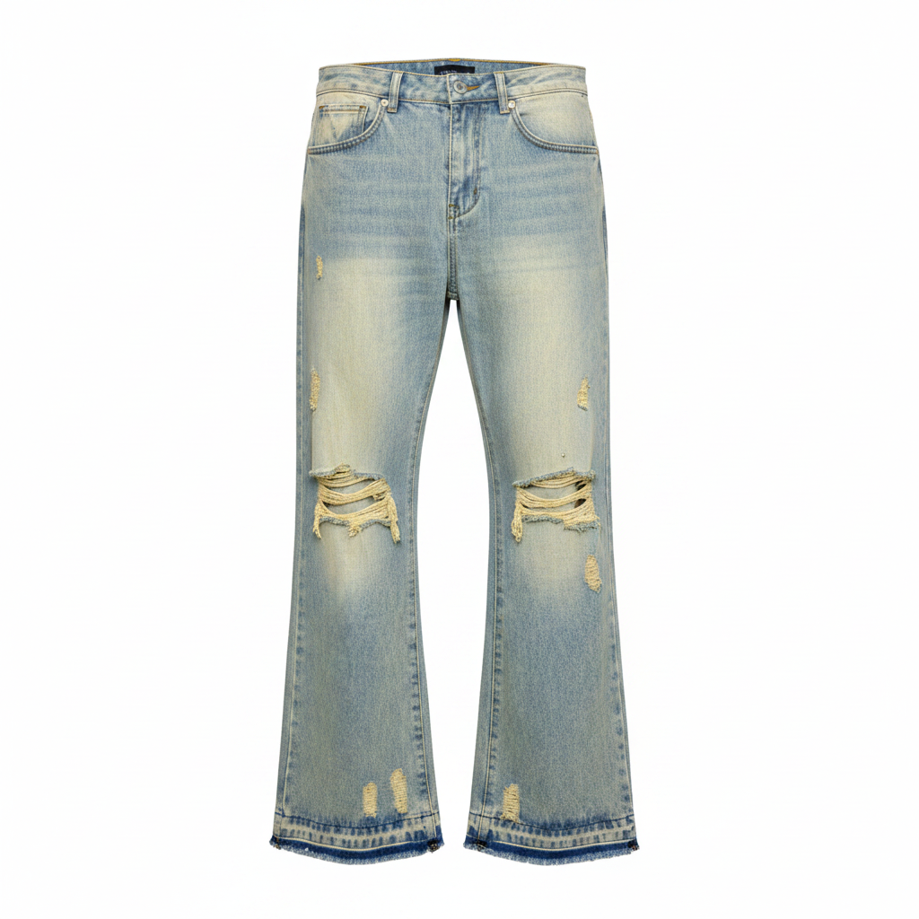 Men's Sand Washed Wide-Leg Flared Distressed Denim Jeans – Ghost Mannequin Front View