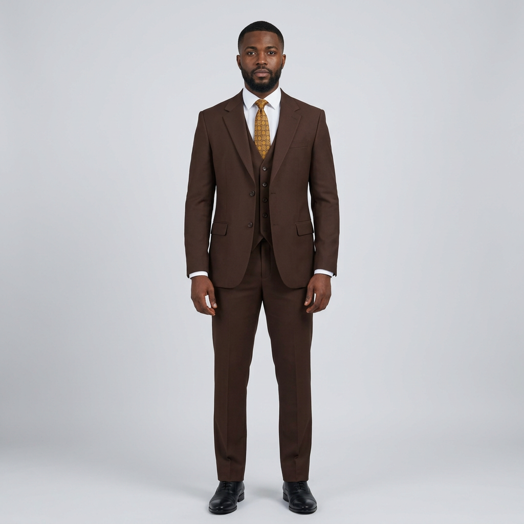 Full-body Black adult model wearing a dark brown three-piece suit
