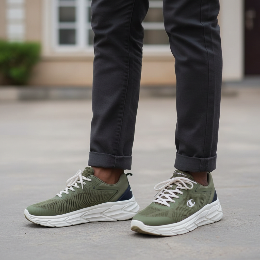 Nigerian male model wearing olive green chunky knit lace-up runner sneakers, Gen Z street style leg shot