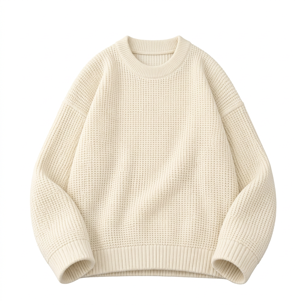 Cream textured crew-neck knit sweater with long sleeves and ribbed trims