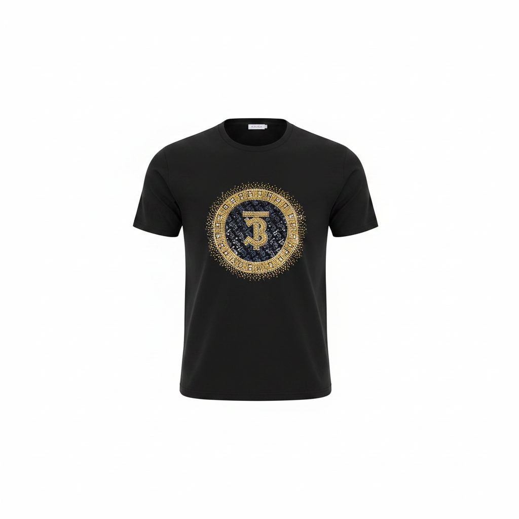 Ghost mannequin front view of black rhinestone circular monogram badge T-shirt
