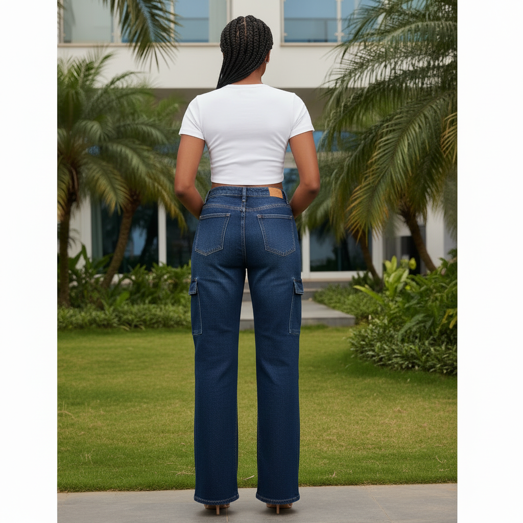 Navy High-Waist Cargo Jeans - Nigerian Female Model Back View