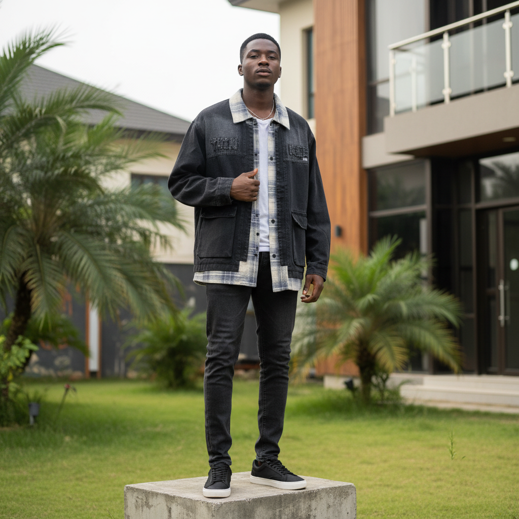 Nigerian male model wearing washed black layered plaid collar denim jacket — full body street style