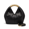 Black rounded handbag without lettering with gold-tone handle and matching strap on white