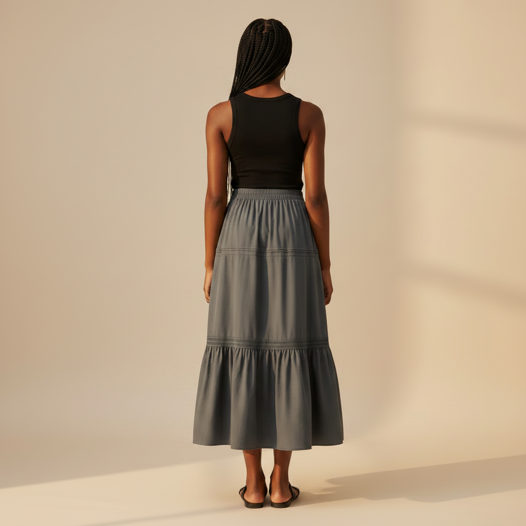 Nigerian girl wearing charcoal grey tiered midi skirt - back view
