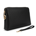 Men’s black grain-textured clutch with gold-tone zip hardware and separate wrist loop on white