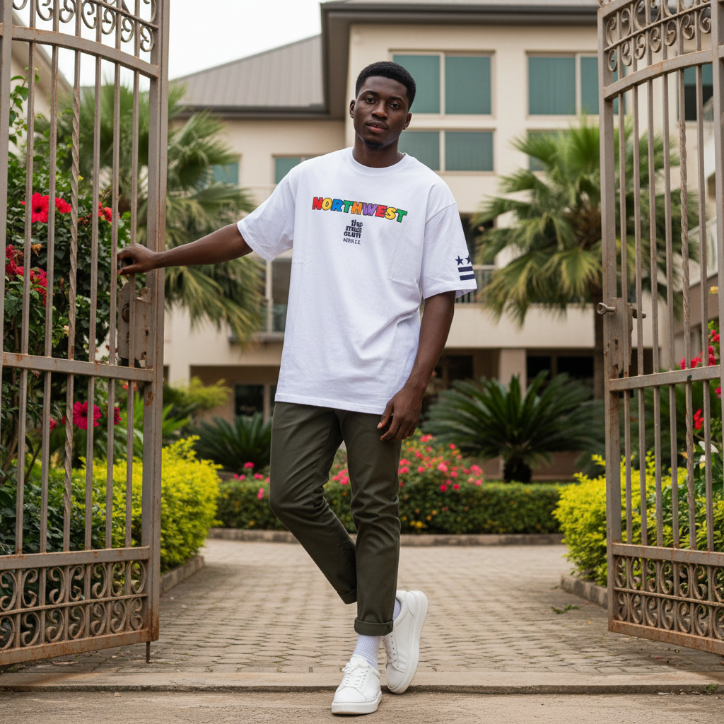 Nigerian male model wearing white oversized multicolour Northwest graphic tee in streetwear style