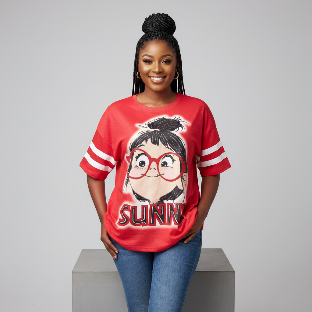 Nigerian female model front view redone - red Sunny cartoon graphic top