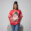 Nigerian female model front view redone - red Sunny cartoon graphic top