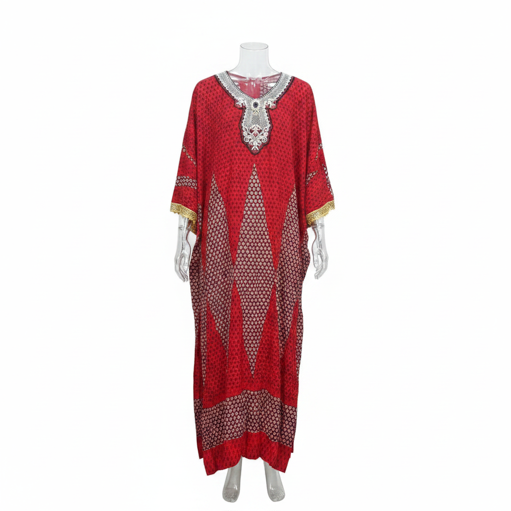 Ghost mannequin view of red floral diamond long bubu gown