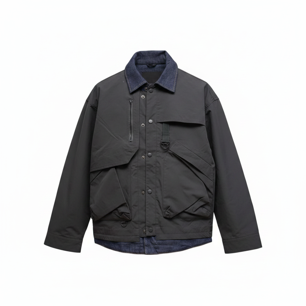 Tactical utility hybrid denim jacket ghost mannequin — charcoal black with dark indigo denim collar