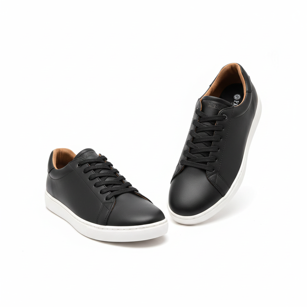 Men's Black Smooth Leather Low-Top Sneaker – Ghost Mannequin Pair Front and Side View
