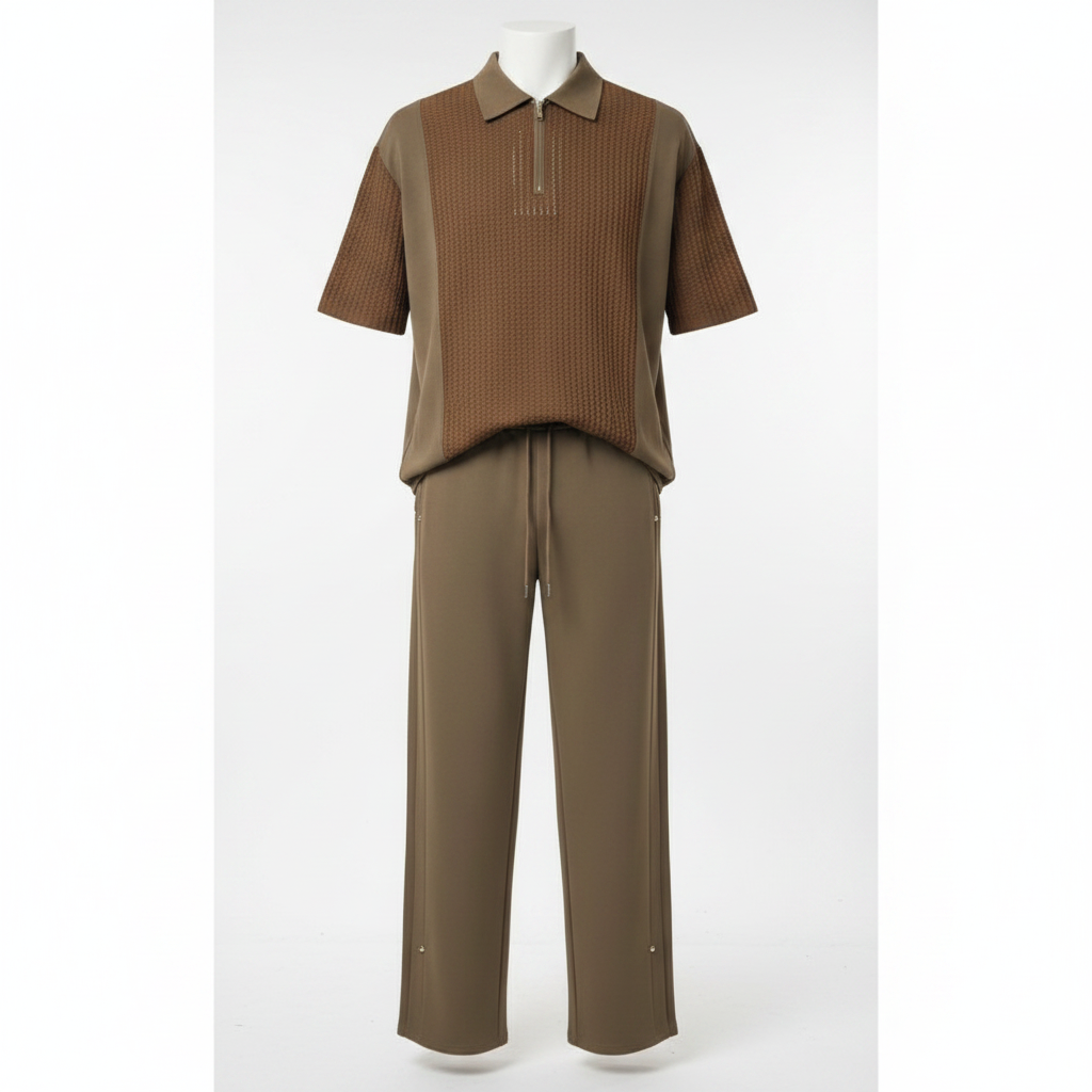 Ghost mannequin mocha brown open-knit polo and trouser two-piece set